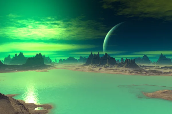 3D machte Fantasie außerirdischen Planeten. Felsen und Sonnenuntergang — Stockfoto