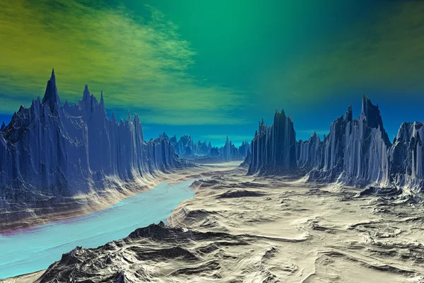 3D renderizado planeta alienígena fantasia. Pedras e lago — Fotografia de Stock