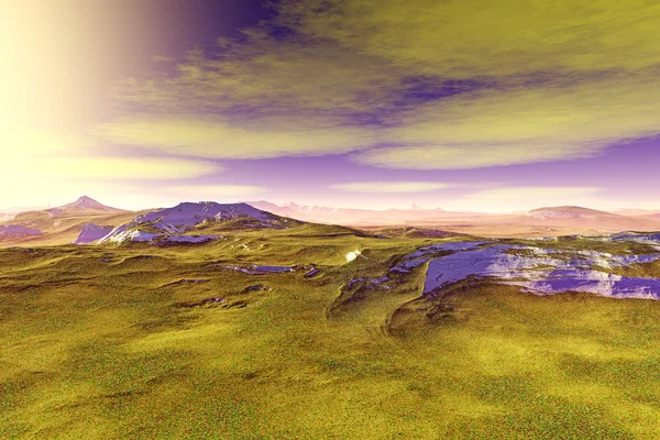 3D τετηγμένα φαντασία εξωγήινο πλανήτη. Βράχια και ουρανό — Φωτογραφία Αρχείου