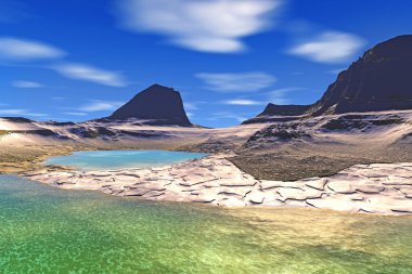 3D render fantezi uzaylı gezegenine. Kayalar ve göl 