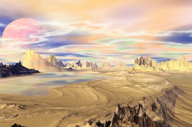 3D render fantezi uzaylı gezegenine. Kayalar ve göl 