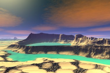 3D render fantezi uzaylı gezegenine. Kayalar ve göl 