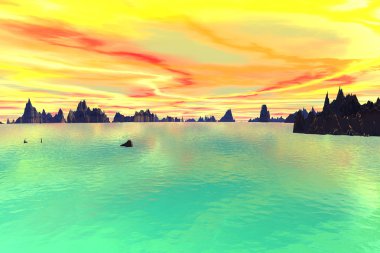 3D render fantezi uzaylı gezegenine. Gökyüzü ve deniz