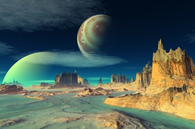 3D render fantezi uzaylı gezegenine. Kayalar ve ay