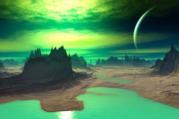 3D-s renderelt fantasy idegen bolygón. Sziklák és az ég — Stock Fotó