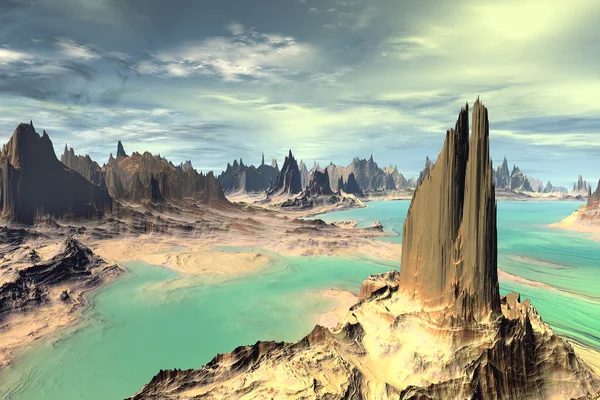 3D renderizado planeta alienígena fantasía. Rocas y lago — Foto de Stock