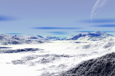 3D render fantezi uzaylı gezegenine. Kayalar ve kar