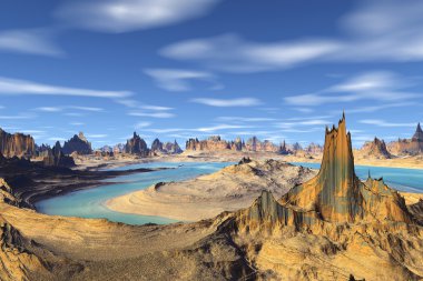 3D render fantezi uzaylı gezegenine. Kayalar ve göl 