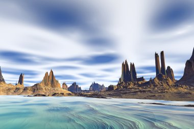 3D render fantezi uzaylı gezegenine. Kayalar ve deniz