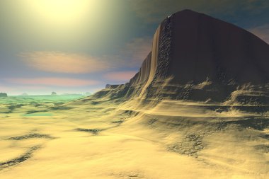 3D render fantezi uzaylı gezegenine. Kayalar ve günbatımı