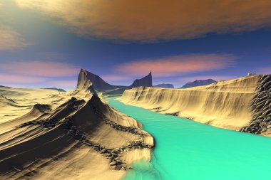 3D render fantezi uzaylı gezegenine. Kayalar ve göl 