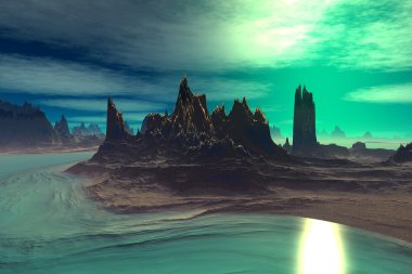 3D render fantezi uzaylı gezegenine. Kayalar ve günbatımı