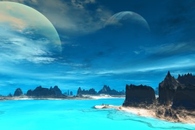 3D render fantezi uzaylı gezegenine. Kayalar ve göl 