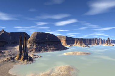 3D render fantezi uzaylı gezegenine. Kayalar ve göl 