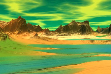 3D render fantezi uzaylı gezegenine. Kayalar ve göl 