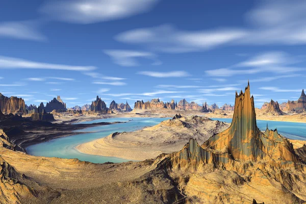 3D tavené fantasy cizí planetě. Skály a jezero — Stock fotografie