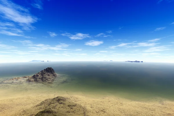 3D wytopione fantasy obcej planety. Skały i morze — Zdjęcie stockowe