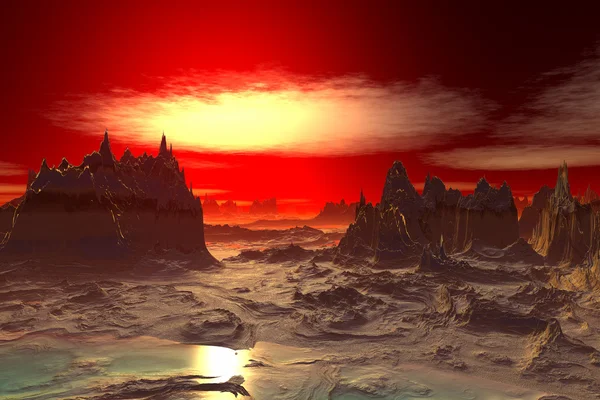 3D rendu fantasme exotique planète. Rochers et coucher de soleil — Photo