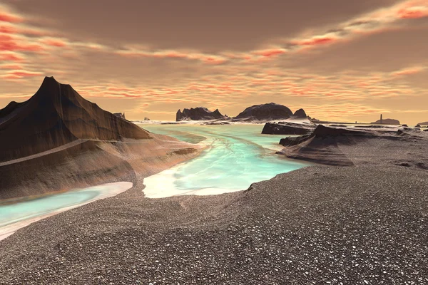 3D-gerenderde fantasie buitenaardse planeet. Rotsen en meer — Stockfoto