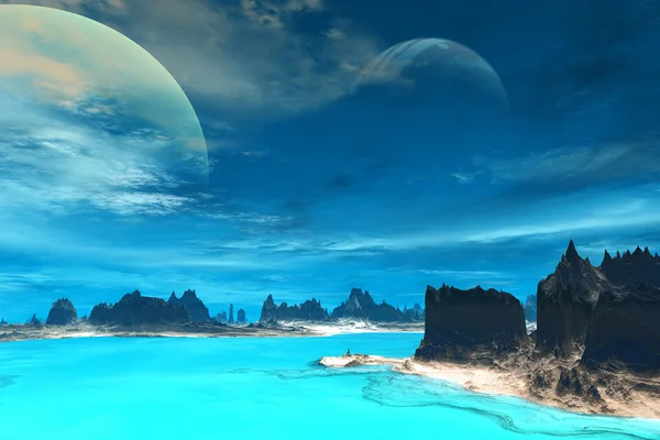 3D utsmält fantasy främmande planet. Stenar och sjön — Stockfoto