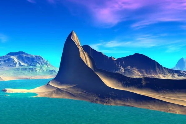 3D-s renderelt fantasy idegen bolygón. Sziklák és a tó — Stock Fotó
