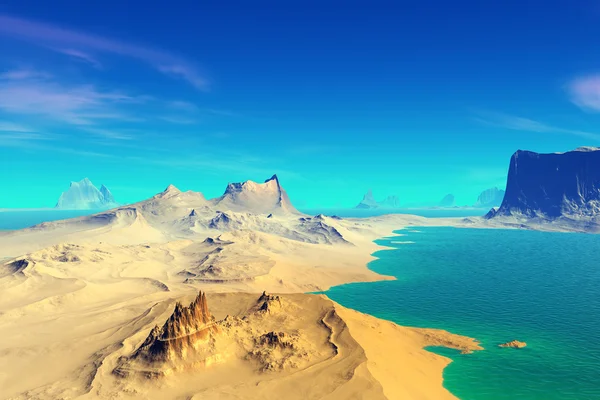 3D τετηγμένα φαντασία εξωγήινο πλανήτη. Βράχια και λίμνη — Φωτογραφία Αρχείου