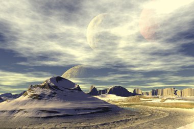 3D render fantezi uzaylı gezegenine. Kayalar ve gökyüzü 