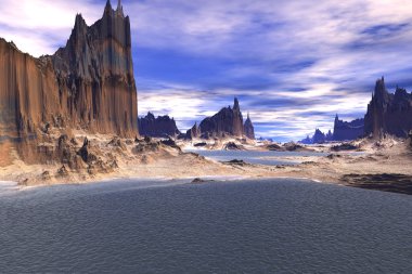 3D render fantezi uzaylı gezegenine. Kayalar ve deniz