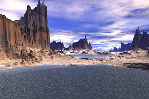 3D rendered fantasy alien planet. Rocks and sea — Stock Photo, Image