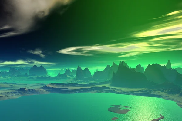 3D τετηγμένα φαντασία εξωγήινο πλανήτη. Βράχοι και θάλασσα — Φωτογραφία Αρχείου