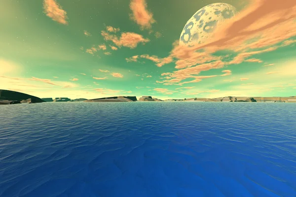 3D renderizado planeta alienígena fantasía. Rocas y mar —  Fotos de Stock