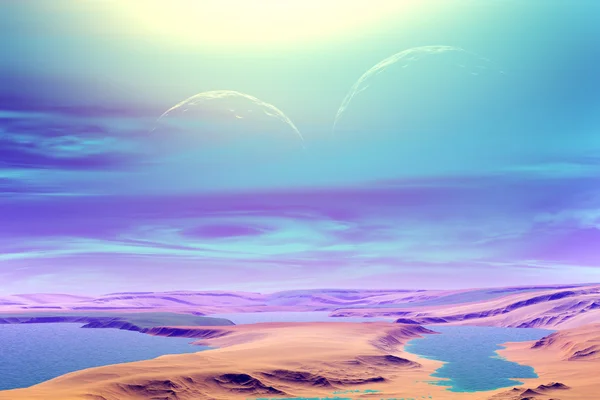 3D rendered fantasy alien planet. Plateau and Lake — Stock Photo, Image