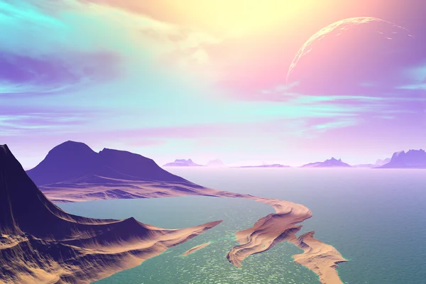 3D rendered fantasy alien planet. Rocks and sea — Stock Photo, Image