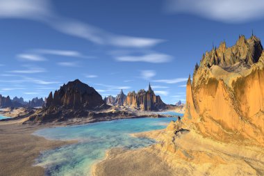 3D render fantezi uzaylı gezegenine. Kayalar ve göl 