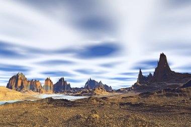 3D render fantezi uzaylı gezegenine. Kayalar ve gökyüzü 