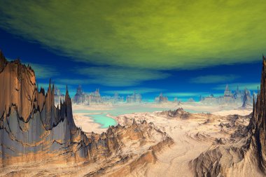 3D render fantezi uzaylı gezegenine. Kayalar ve göl 