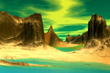 3D render fantezi uzaylı gezegenine. Kayalar ve göl 