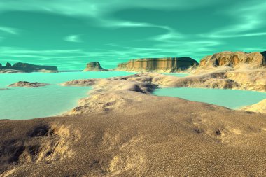 3D render fantezi uzaylı gezegenine. Kayalar ve göl 