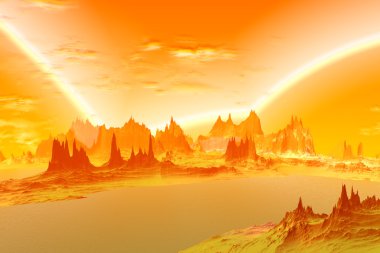 3D render fantezi uzaylı gezegenine. Kayalar ve göl 