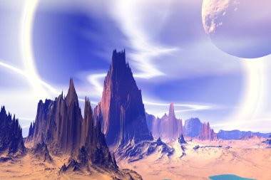 3D render fantezi uzaylı gezegenine. Kayalar ve ay