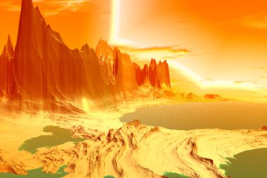 3D render fantezi uzaylı gezegenine. Kayalar ve göl 