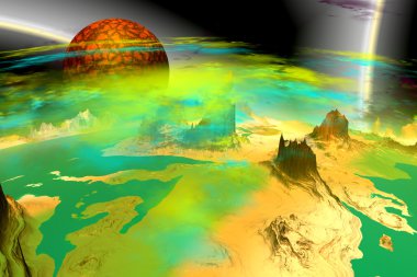 3D render fantezi uzaylı gezegenine. Kayalar ve ay