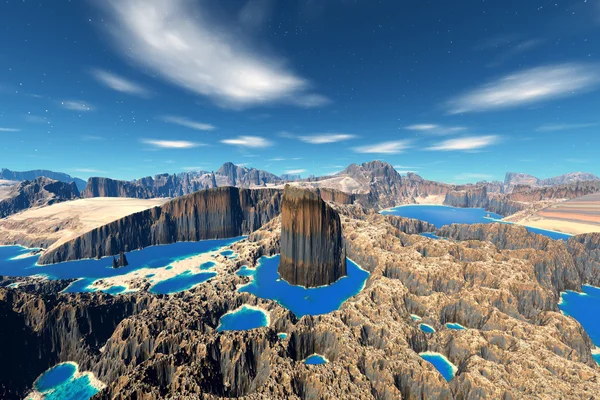 3D renderizado planeta alienígena fantasía. Rocas y lago —  Fotos de Stock
