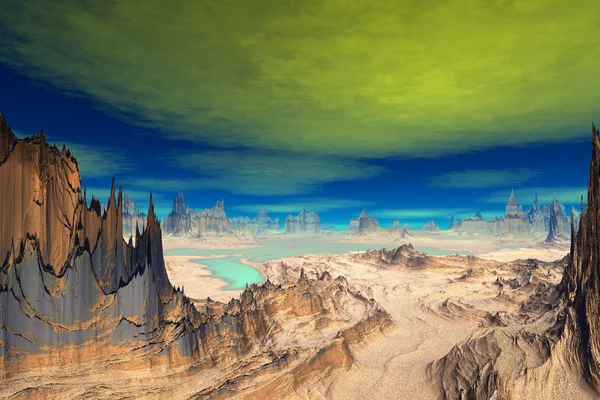 3D rendered fantasy alien planet. Rocks and lake — Stock Photo, Image