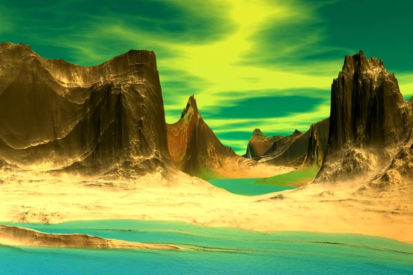 3D render fantezi uzaylı gezegenine. Kayalar ve göl — Stok fotoğraf