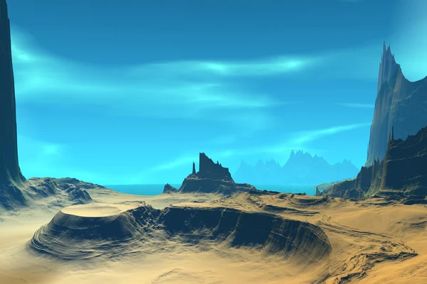 3D render fantezi uzaylı gezegenine. Kayalar ve gökyüzü 