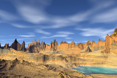 3D render fantezi uzaylı gezegenine. Kayalar ve göl 