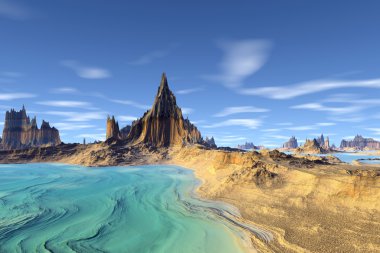 3D render fantezi uzaylı gezegenine. Kayalar ve göl 
