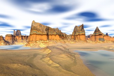 3D render fantezi uzaylı gezegenine. Kayalar ve göl 