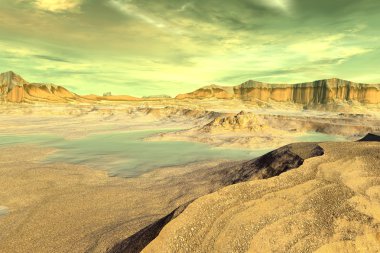 3D render fantezi uzaylı gezegenine. Kayalar ve göl 